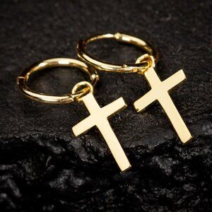 Men's Yellow Gold Plated Solid Sterling Silver Dangle Cross Huggie Hoop Earrings